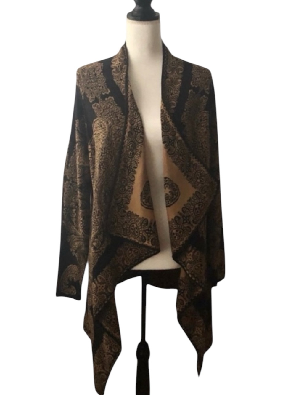 J. Jill Paisley Print Cotton Open Front Draped Cardigan Black Tan Size Small